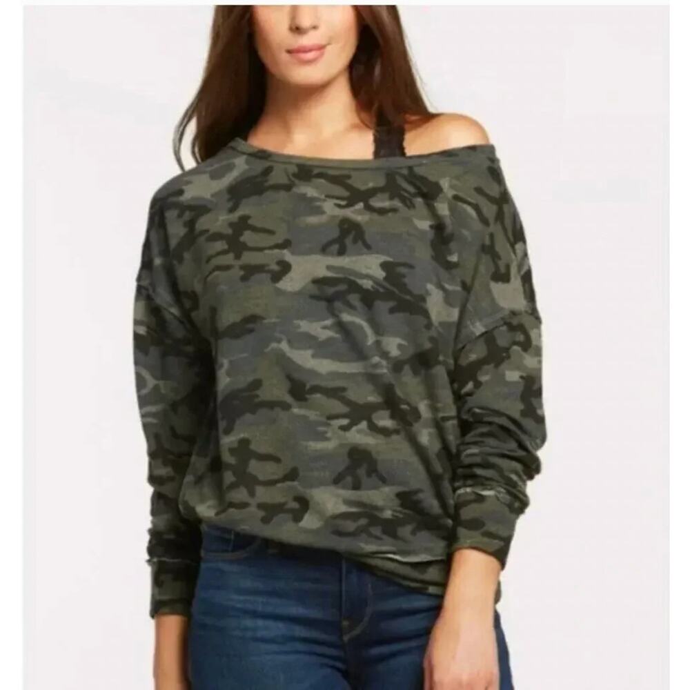 Sundry Camo Sweatshirt Sweater Off Shoulder green sz 1 / small